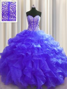 Hot Sale Visible Boning Purple Lace Up Quinceanera Dresses Beading and Ruffles Sleeveless Floor Length