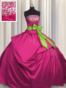 Bowknot Ball Gowns Vestidos de Quinceanera Fuchsia Strapless Satin Sleeveless Floor Length Lace Up