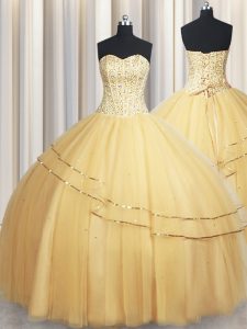 Pretty Visible Boning Big Puffy Sleeveless Organza Floor Length Lace Up Quinceanera Dress in Champagne with Beading and Ruching