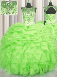 On Sale See Through Scoop Neckline Beading and Ruffles and Pick Ups Quinceanera Dress Sleeveless Lace Up