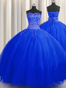 Puffy Skirt Royal Blue Sleeveless Tulle Lace Up Sweet 16 Quinceanera Dress for Military Ball and Sweet 16 and Quinceanera