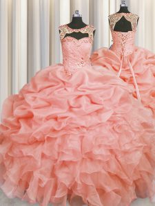 Scoop Organza Sleeveless Floor Length Ball Gown Prom Dress and Beading and Pick Ups