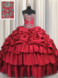 Exquisite Sleeveless Taffeta Brush Train Lace Up Quinceanera Gown in Wine Red with Beading and Embroidery and Ruffled Layers and Pick Ups