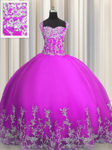 Flirting Floor Length Purple Quince Ball Gowns Straps Sleeveless Lace Up