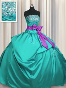 Turquoise Lace Up Strapless Beading and Ruching and Bowknot 15th Birthday Dress Taffeta Sleeveless
