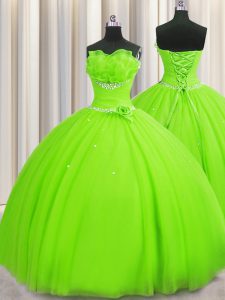 Inexpensive Handcrafted Flower Strapless Sleeveless Lace Up Sweet 16 Quinceanera Dress Tulle