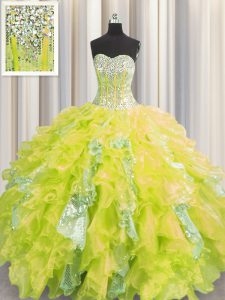 Visible Boning Yellow Lace Up Quince Ball Gowns Beading and Ruffles and Sequins Sleeveless Floor Length