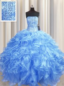 Delicate Visible Boning Baby Blue Lace Up Vestidos de Quinceanera Beading and Ruffles Sleeveless Floor Length