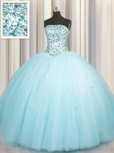 Classical Really Puffy Aqua Blue Ball Gowns Beading and Sequins 15th Birthday Dress Lace Up Tulle Sleeveless Floor Length