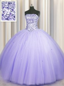 Hot Selling Puffy Skirt Strapless Sleeveless Tulle Sweet 16 Quinceanera Dress Beading and Sequins Lace Up