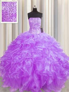 Colorful Visible Boning Sleeveless Organza Floor Length Lace Up Quinceanera Dresses in Lilac with Beading and Ruffles