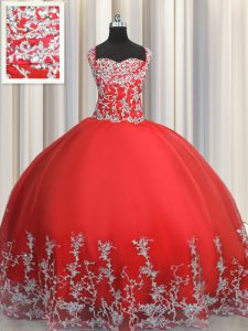 Ideal Coral Red Ball Gowns Tulle Straps Sleeveless Beading and Appliques Floor Length Lace Up Quinceanera Dress