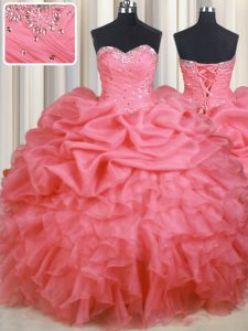 Watermelon Red 15th Birthday Dress Military Ball and Sweet 16 and Quinceanera and For with Beading and Ruffles and Ruching and Pick Ups Sweetheart Sleeveless Lace Up