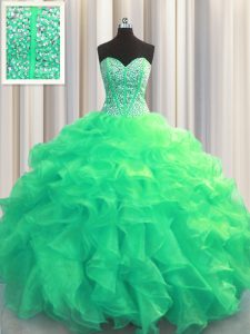 Pretty Visible Boning Sweetheart Sleeveless Organza Ball Gown Prom Dress Beading and Ruffles Lace Up