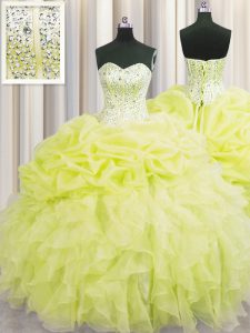 Visible Boning Yellow Sleeveless Beading and Ruffles Floor Length Quinceanera Gowns