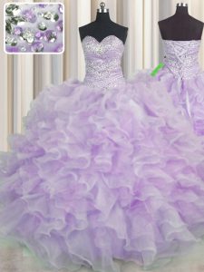Glamorous Lavender Sleeveless Floor Length Beading and Ruffles Lace Up Sweet 16 Dress