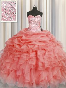 Glittering Floor Length Watermelon Red Quinceanera Dress Sweetheart Sleeveless Lace Up