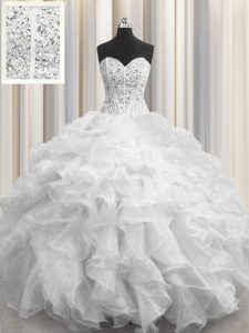 Visible Boning Sleeveless Floor Length Beading and Ruffles Lace Up Quinceanera Gowns with White