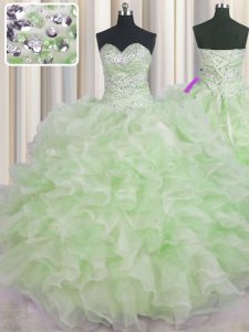 Shining Green Organza Lace Up Sweetheart Sleeveless Floor Length 15th Birthday Dress Beading and Ruffles