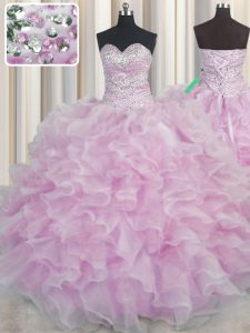 Fine Bling-bling Lilac Lace Up Ball Gown Prom Dress Beading and Ruffles Sleeveless Floor Length