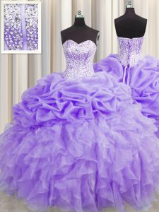 Glittering Pick Ups Visible Boning Floor Length Ball Gowns Sleeveless Lavender Quince Ball Gowns Lace Up