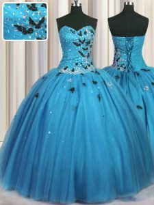 Admirable Baby Blue Sweetheart Neckline Beading and Appliques Quinceanera Gown Sleeveless Lace Up