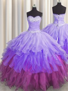 Edgy Organza Sweetheart Sleeveless Lace Up Beading and Ruffles and Ruffled Layers and Sequins Quinceanera Dress in Multi-color