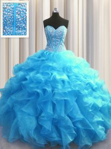 Customized Visible Boning Sweetheart Sleeveless Lace Up Quinceanera Gown Baby Blue Organza