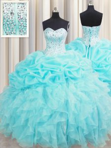 Chic Visible Boning Aqua Blue Lace Up Sweet 16 Quinceanera Dress Beading and Ruffles and Pick Ups Sleeveless Floor Length