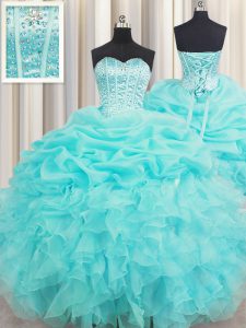 Visible Boning Baby Blue Sweetheart Neckline Beading and Ruffles and Pick Ups Quinceanera Gowns Sleeveless Lace Up