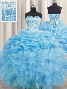 Suitable Visible Boning Beading and Ruffles and Pick Ups Sweet 16 Dresses Baby Blue Lace Up Sleeveless Floor Length
