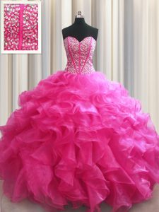 Extravagant Visible Boning Sweetheart Sleeveless Sweet 16 Dresses Floor Length Beading and Ruffles Hot Pink Organza