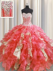 Discount Visible Boning Watermelon Red Organza and Sequined Lace Up Quinceanera Gown Sleeveless Floor Length Beading and Ruffles and Sequins