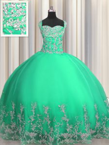 Turquoise Ball Gowns Beading and Appliques Sweet 16 Dress Lace Up Organza Sleeveless Floor Length