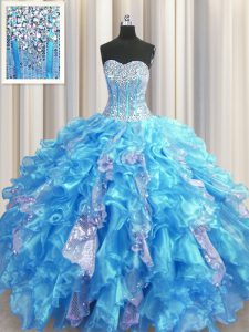 Visible Boning Sleeveless Lace Up Floor Length Beading and Ruffles and Sequins 15 Quinceanera Dress