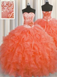 Best Selling Handcrafted Flower Sweetheart Sleeveless Organza Vestidos de Quinceanera Beading and Ruffles and Hand Made Flower Lace Up