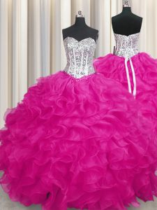 Eye-catching Fuchsia Ball Gowns Beading and Ruffles Quinceanera Dresses Lace Up Organza Sleeveless