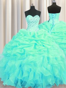 Hot Selling Turquoise Organza Lace Up Sweetheart Sleeveless Floor Length Quinceanera Dresses Beading and Ruffles and Pick Ups
