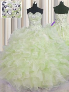 High End Sweetheart Sleeveless 15th Birthday Dress Floor Length Beading and Ruffles Yellow Green Organza