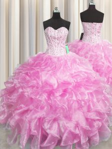 Luxurious Visible Boning Zipper Up Rose Pink Zipper Quinceanera Dress Beading and Ruffles Sleeveless Floor Length