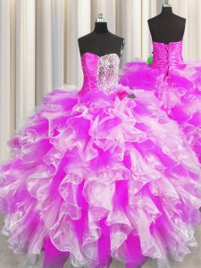 Organza Sweetheart Sleeveless Lace Up Beading and Ruffles and Ruching Quinceanera Dresses in Multi-color