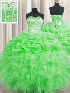 Stylish Visible Boning Green Sleeveless Floor Length Beading and Ruffles and Pick Ups Lace Up 15 Quinceanera Dress