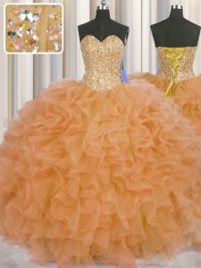 Visible Boning Floor Length Ball Gowns Sleeveless Orange Quince Ball Gowns Lace Up