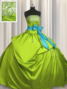 Fancy Floor Length Lace Up 15 Quinceanera Dress Olive Green for Military Ball and Sweet 16 and Quinceanera with Beading and Ruching and Bowknot