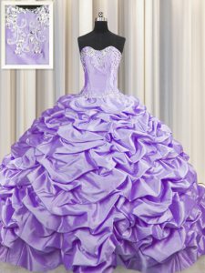 Luxurious Brush Train Beading and Pick Ups Quinceanera Dress Lavender Lace Up Sleeveless With Train Sweep Train