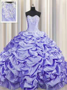 Brush Train Lavender Ball Gowns Beading and Pick Ups Quinceanera Gown Lace Up Taffeta Sleeveless