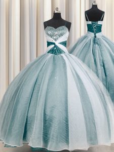 Custom Fit Spaghetti Straps Floor Length Lace Up Vestidos de Quinceanera Teal for Military Ball and Sweet 16 and Quinceanera with Beading and Ruching
