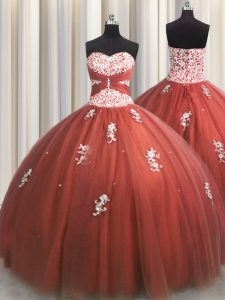 Rust Red Tulle Lace Up Sweetheart Sleeveless Floor Length Sweet 16 Dresses Beading and Appliques