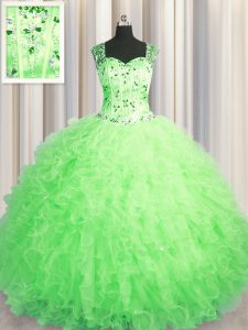 Custom Made See Through Zipper Up Ball Gowns Ball Gown Prom Dress Straps Tulle Sleeveless Floor Length Zipper