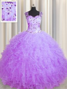 See Through Zipper Up Square Sleeveless Tulle Sweet 16 Quinceanera Dress Beading and Ruffles Zipper